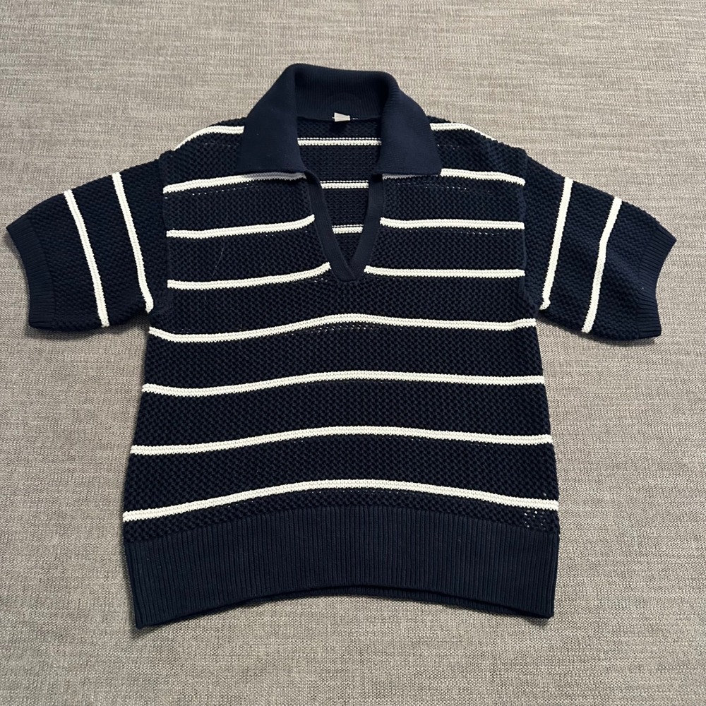Old Navy Knit Polo Shirt Women Small Navy Blue Striped Crochet Cotton